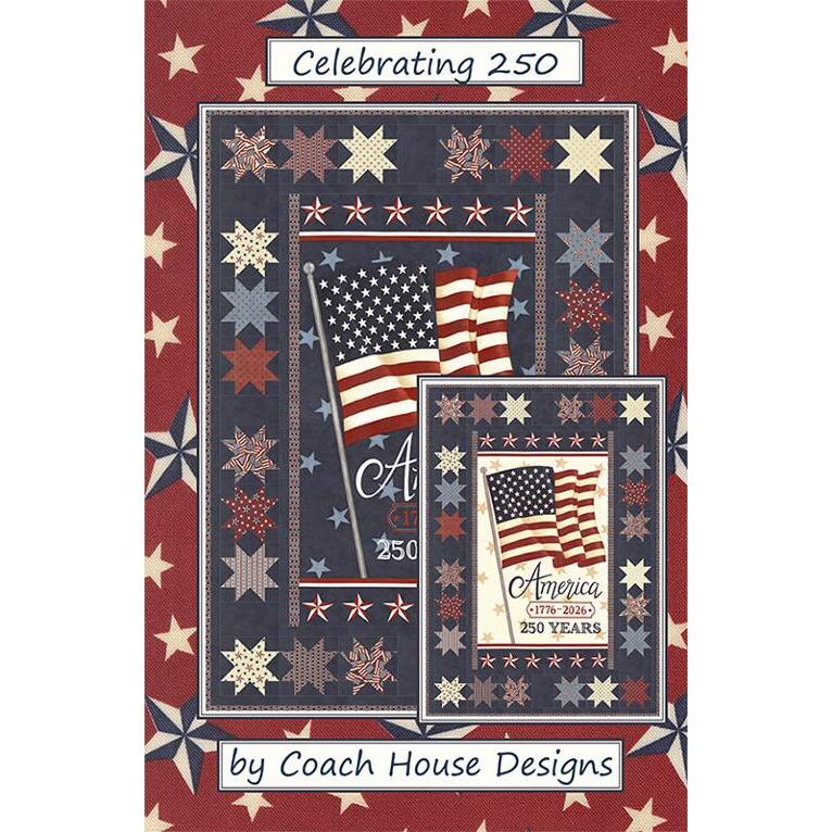 Fabric pattern featuring two framed images with American flags and text celebrating 250 years, decorated with stars.