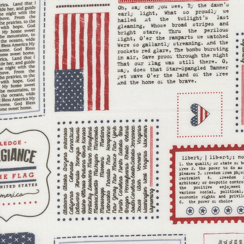 cloud white fabric featuring a mosaic of stamps, logos, state names, and historical text.