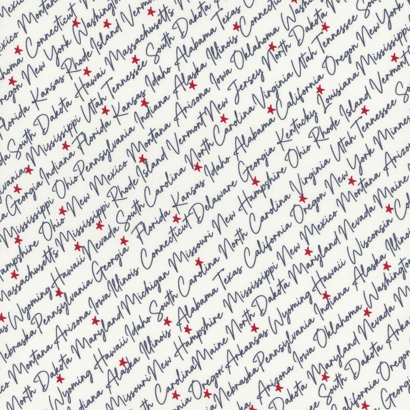 American state names in diagonal cursive with navy blue letters on a background of cloud white fabric tossed with red stars.