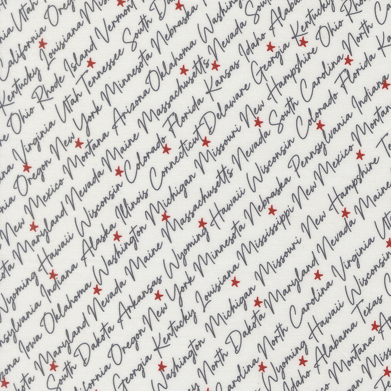 American state names in diagonal cursive with navy blue letters on a background of cloud white fabric tossed with red stars.
