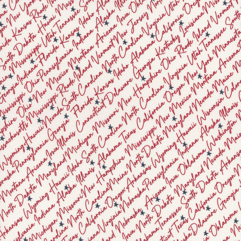 American state names in diagonal cursive with bright red letters on a background of cloud white fabric tossed with navy blue stars.