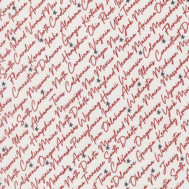 American state names in diagonal cursive with bright red letters on a background of cloud white fabric tossed with navy blue stars.
