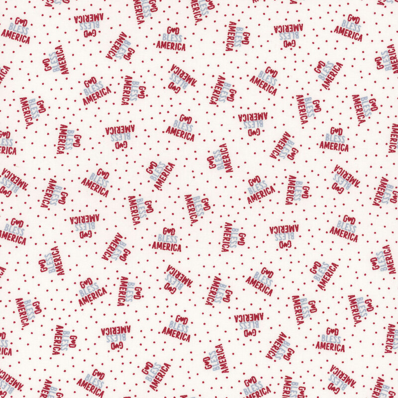 cloud white fabric featuring God Bless America in a triangle of red and blue text on a background of red polka dots