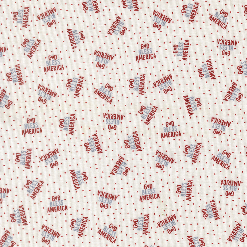 cloud white fabric featuring God Bless America in a triangle of red and blue text on a background of red polka dots