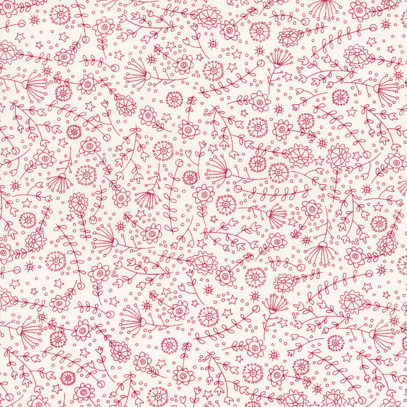 cloud white fabric featuring tossed stars, flowers, leaves, and stems in red outlines
