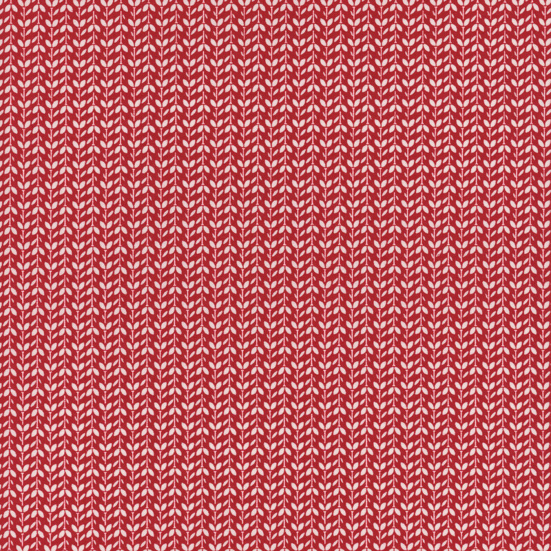 cardinal red fabric packed with white vines and leaves in alternating directions