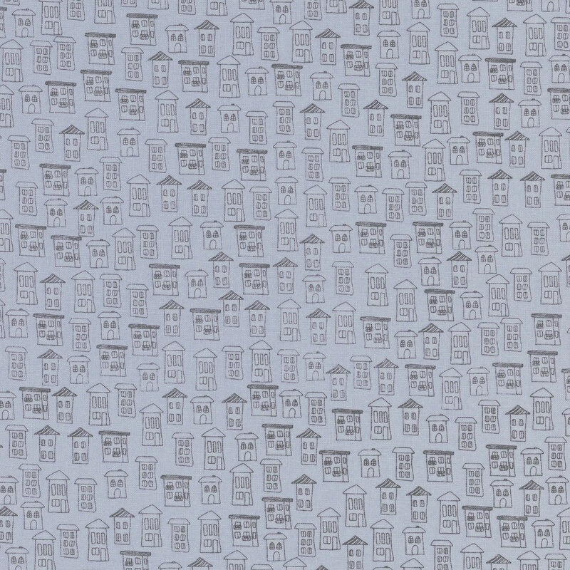 cornflower blue fabric featuring whimsical hand-drawn images of houses in black outlines.