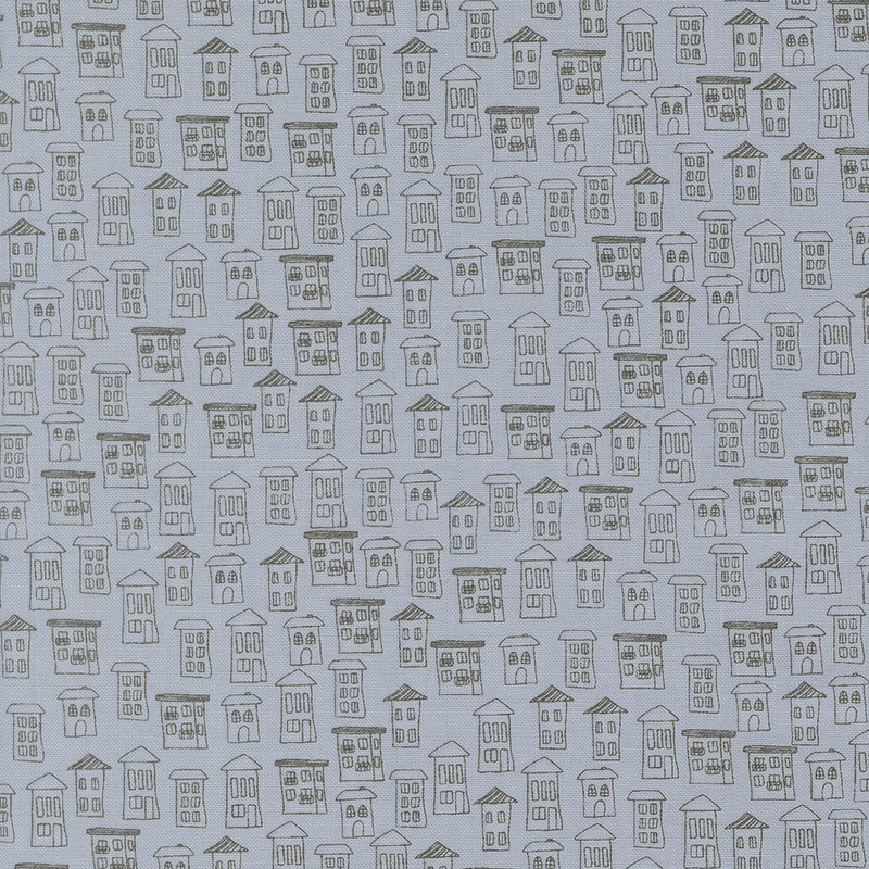 cornflower blue fabric featuring whimsical hand-drawn images of houses in black outlines.