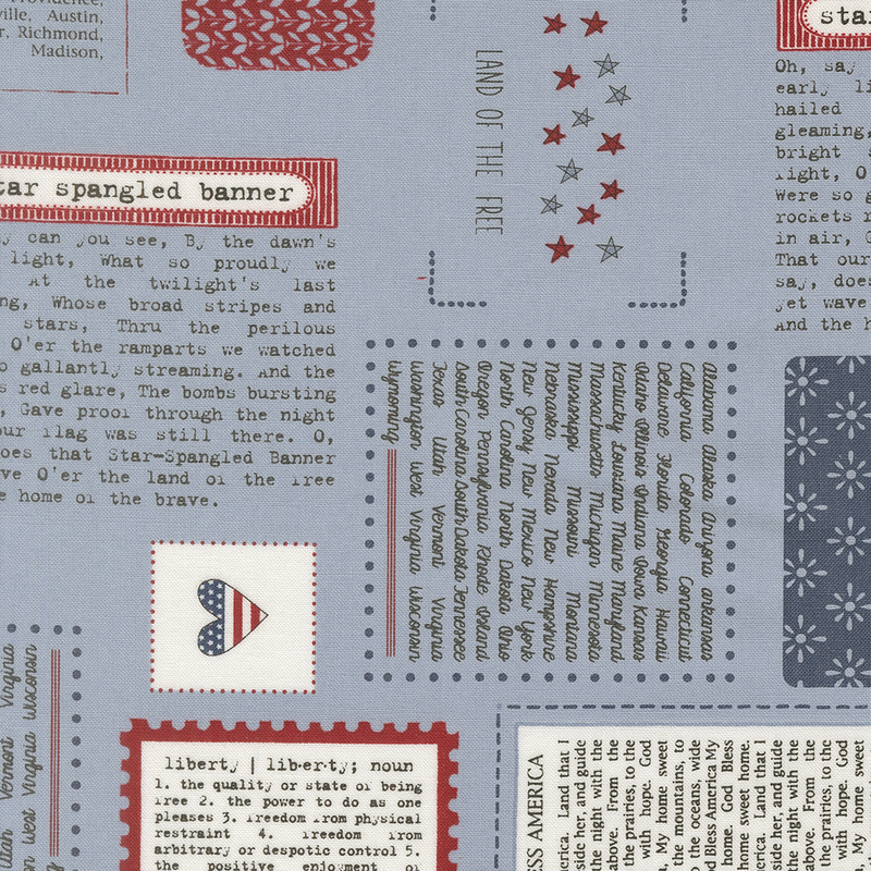 cornflower blue fabric featuring a mosaic of stamps, logos, state names, and historical text.