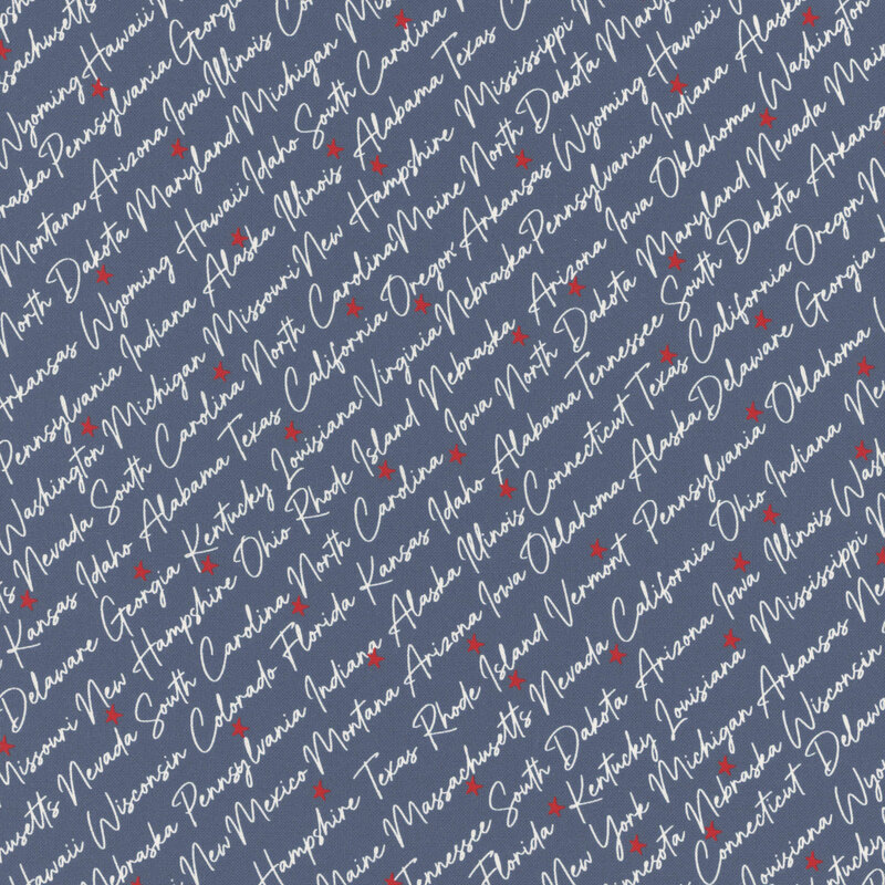 American state names in diagonal cursive with white letters on a background of navy blue fabric tossed with red stars.