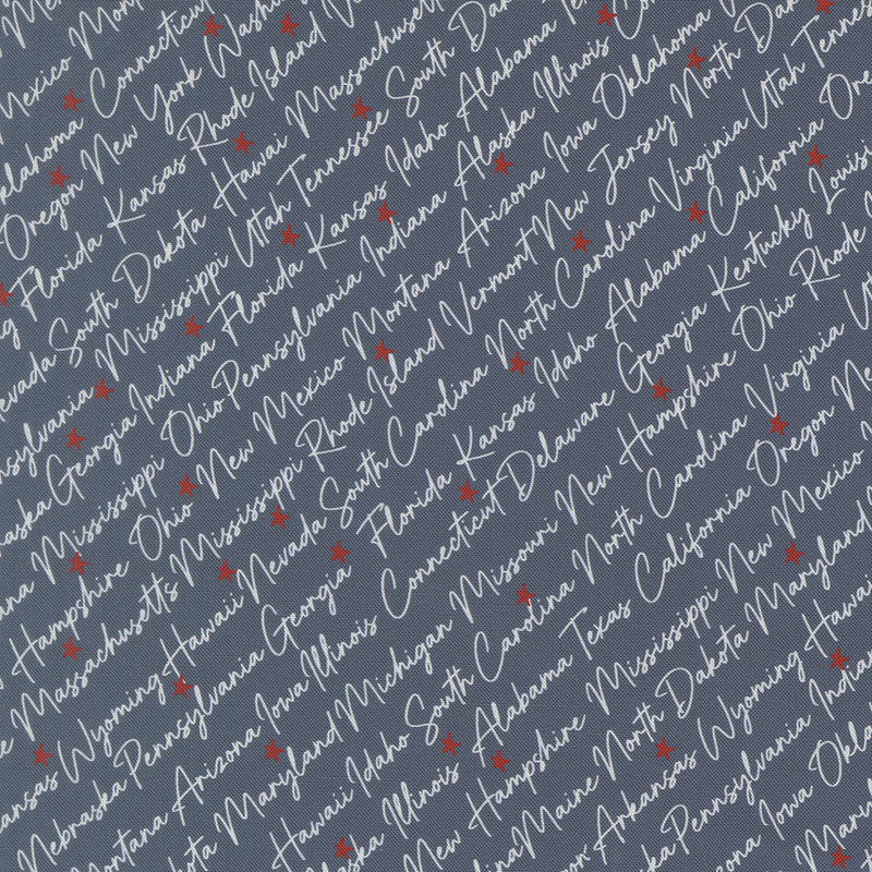 American state names in diagonal cursive with white letters on a background of navy blue fabric tossed with red stars.