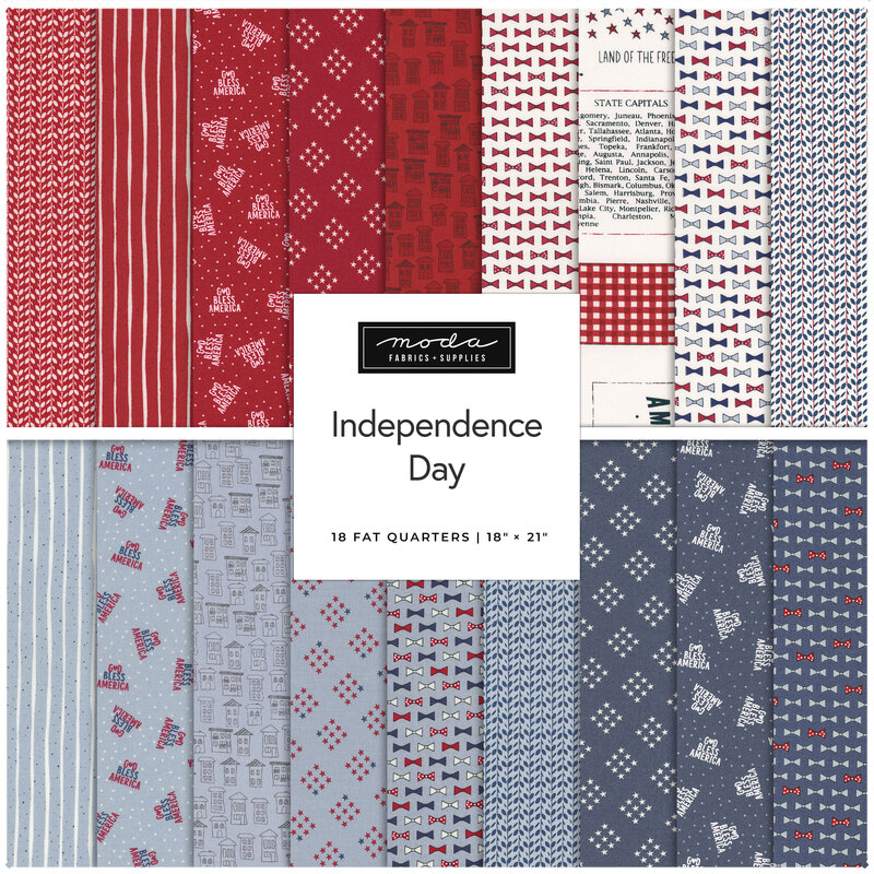Digital collage of fabrics in the Independence Day collection with red, white, and blue fabrics with a Patriotic theme.