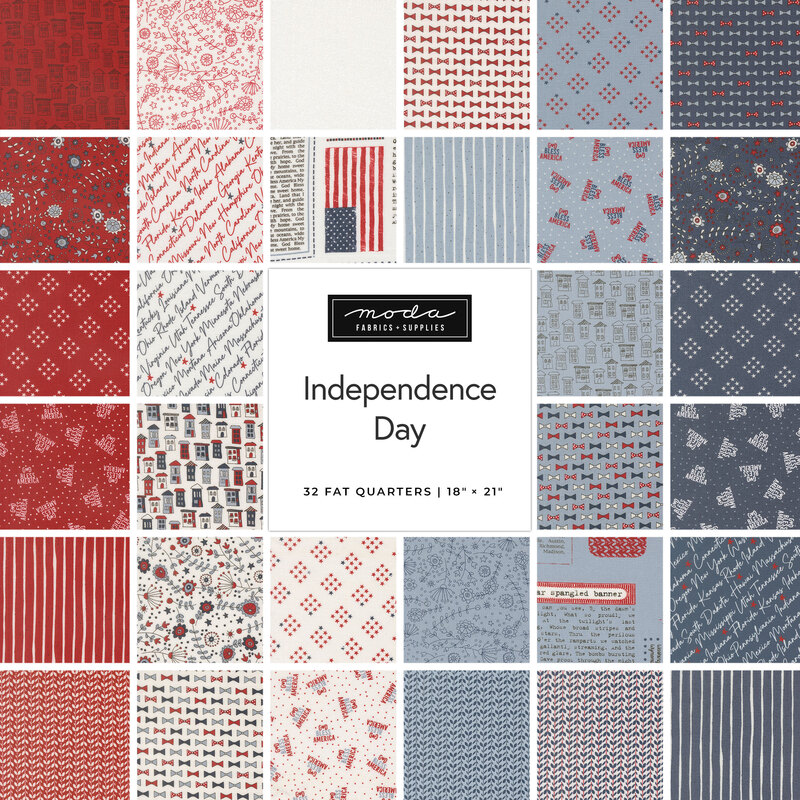 Digital collage of fabrics in the Independence Day collection with red, white, and blue fabrics with a Patriotic theme.