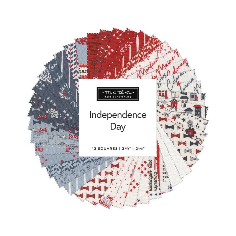 Colorful fabric swatches in red, white, and blue with a Patriotic theme, labeled Independence Day by Moda Fabrics.