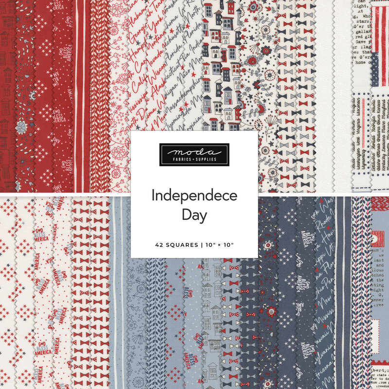 Colorful fabric swatches in red, white, and blue with a Patriotic theme, labeled Independence Day by Moda Fabrics.