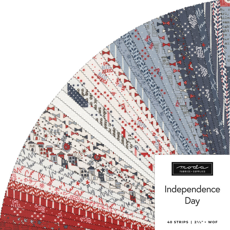 A collage of fabric swatches in red, white, and blue with a Patriotic theme, arranged in a circular pattern, labeled Independence Day by Moda Fabrics.