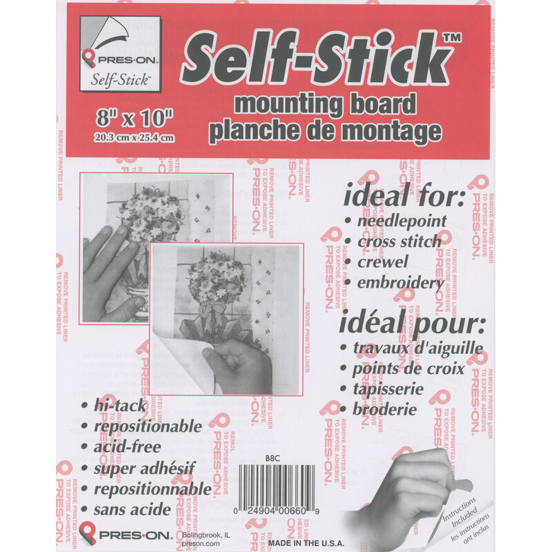 Packaging for a self-stick mounting board, featuring ideal uses and dimensions in English and French.