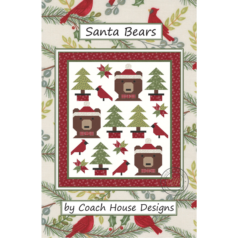 Front of the Santa Bears pattern, showing three bears, cardinals, and trees in a festive palette.