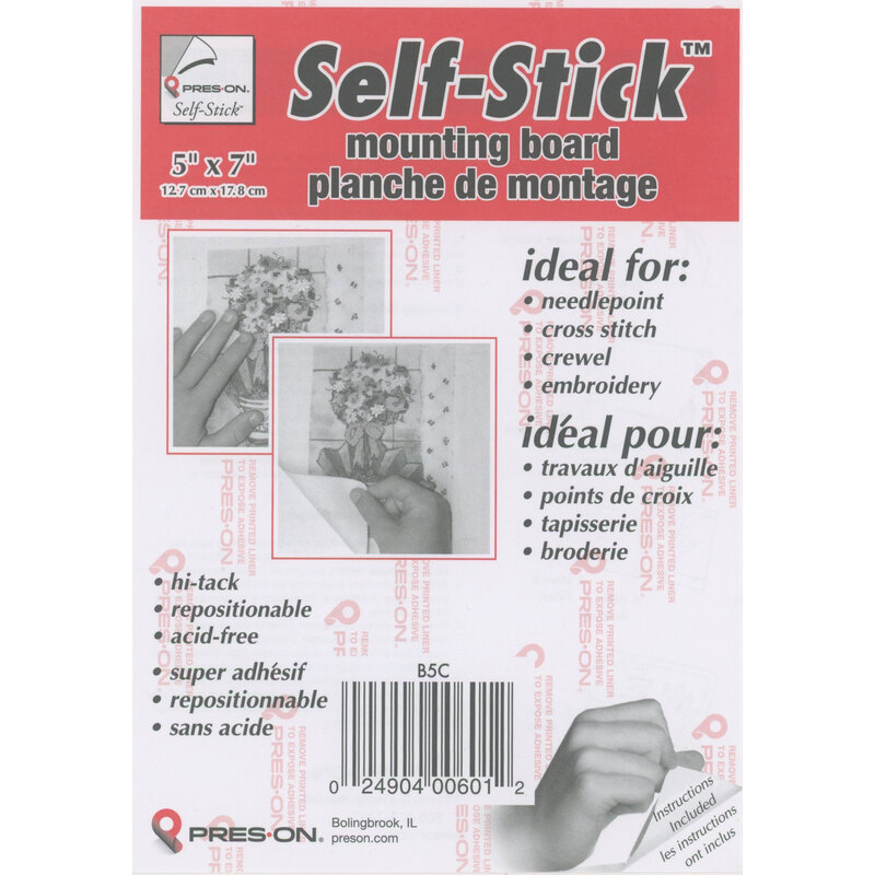 Packaging for a self-stick mounting board, featuring ideal uses and dimensions in English and French.