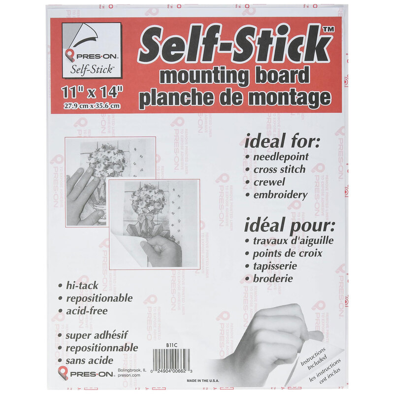 Packaging for a self-stick mounting board, featuring ideal uses and dimensions in English and French.