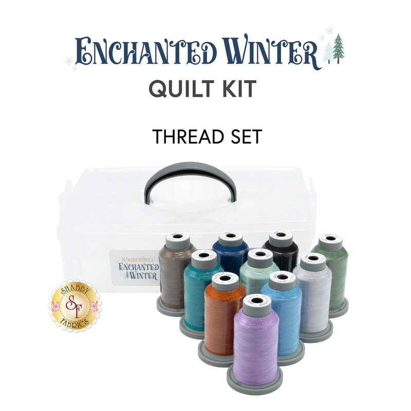Ten spools of thread coordinating with the Enchanted Winter quilt with a clear storage box behind them, isolated on a white background underneath a text graphic that reads 