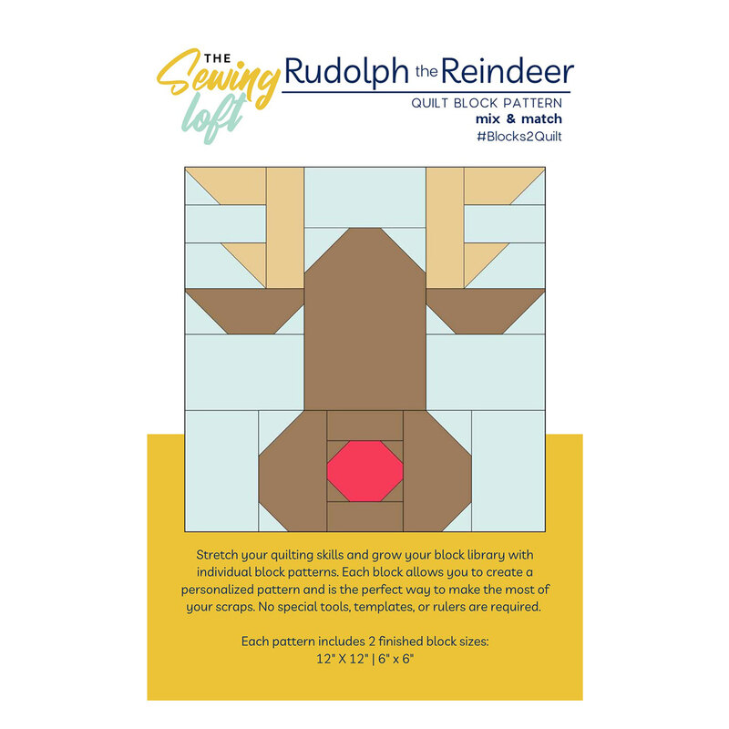 The front of the Rudolf The Reindeer Quilt Block Pattern. 