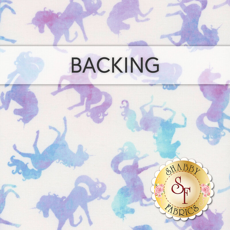 Swatch of white fabric with a tossed print of mottled magenta, lavender, and cerulean unicorn silhouettes. A transparent banner at the top reads 