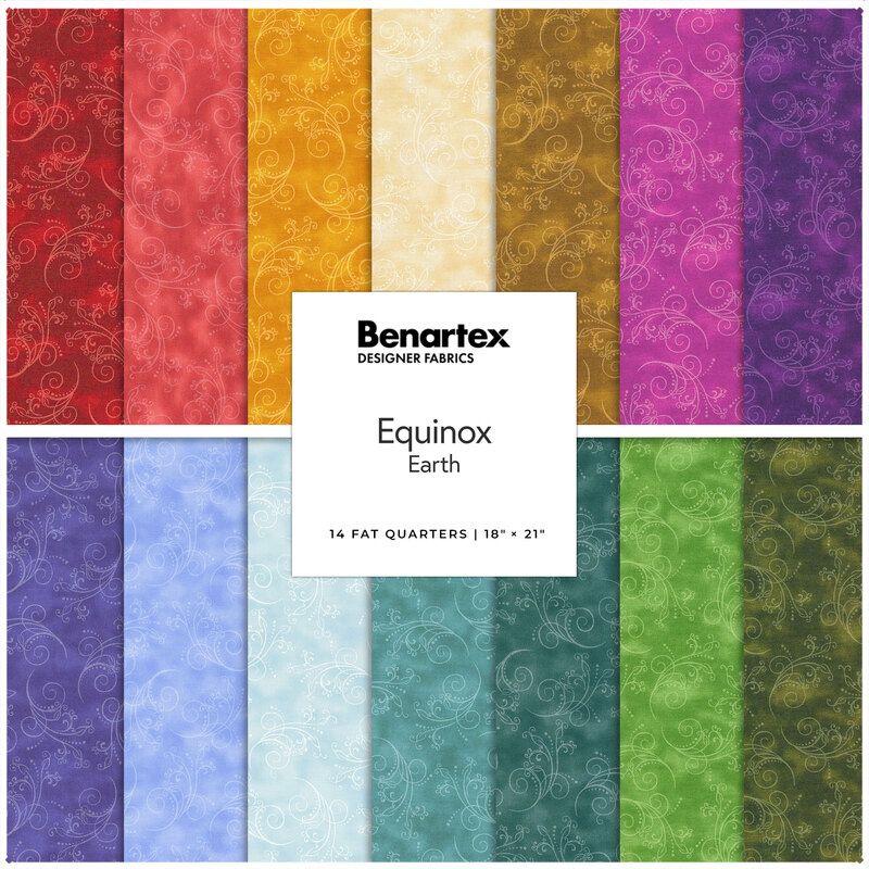 Two stacked rows of muted fabrics with swirling textured fabric from the Equinox - Earthy FQ Set.