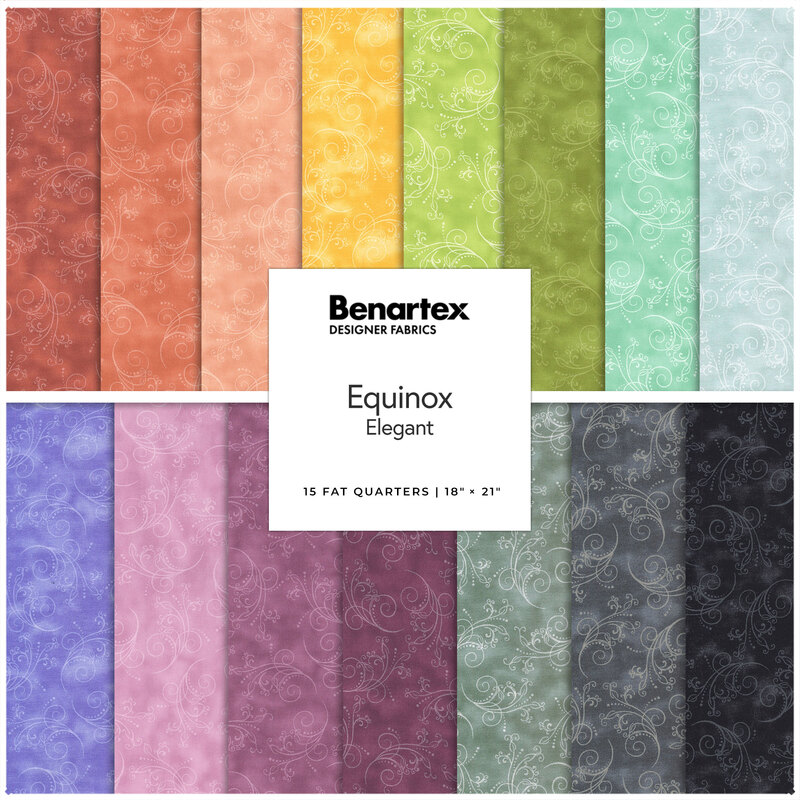 Two stacked rows of muted fabrics with swirling textured fabric from the Equinox - Elegant FQ Set.