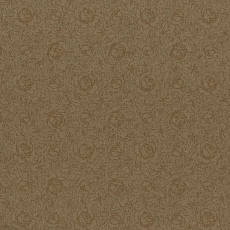 Tonal brown fabric featuring tossed roses and leaves on a textured background