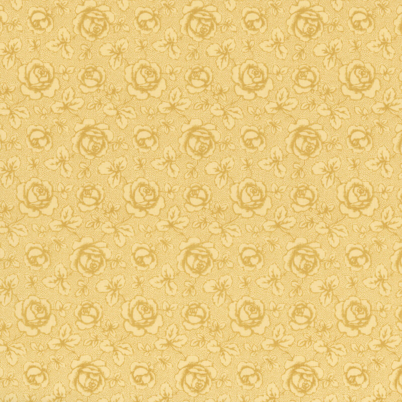 Tonal yellow fabric featuring tossed roses and leaves on a textured background