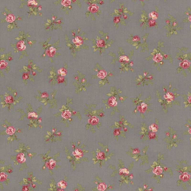 Pink roses tossed on warm gray fabric.