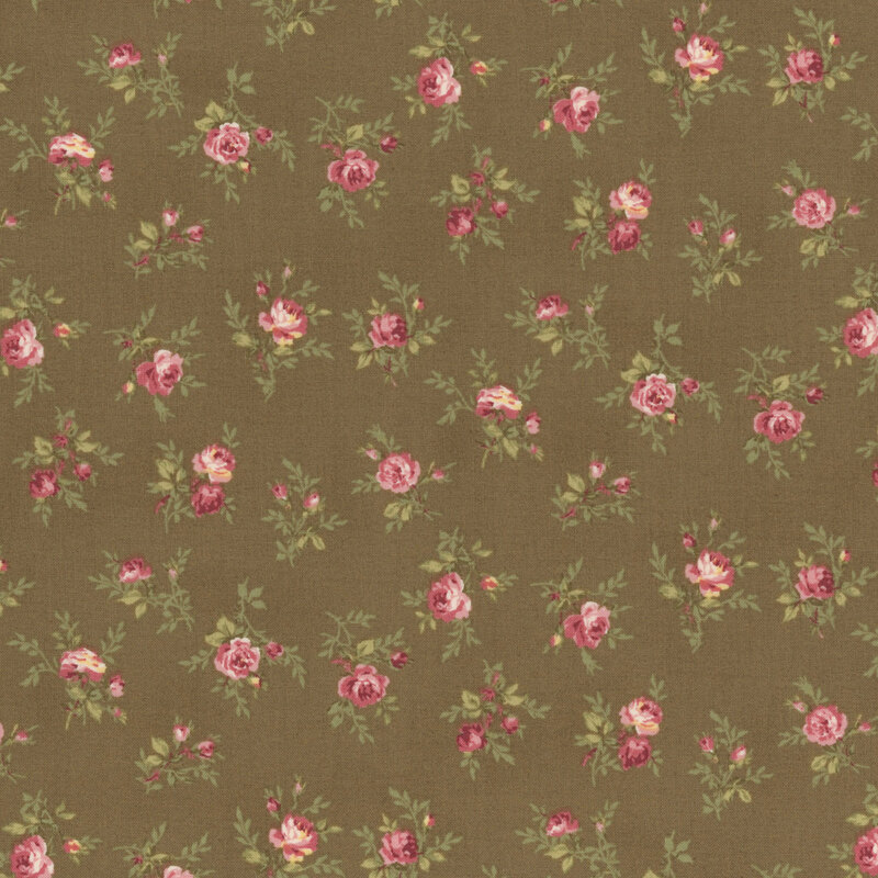 Pink roses tossed on olive brown fabric.