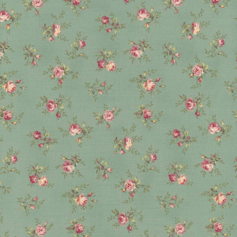 Pink roses tossed on mint green fabric.