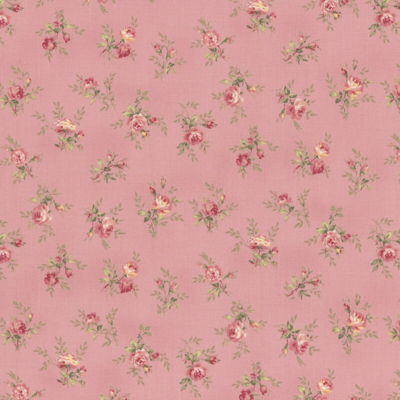 Pink roses tossed on rose-pink fabric.