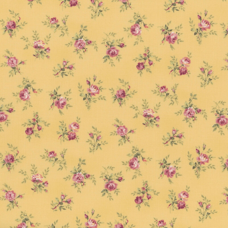 Pink roses tossed on dandelion yellow fabric.