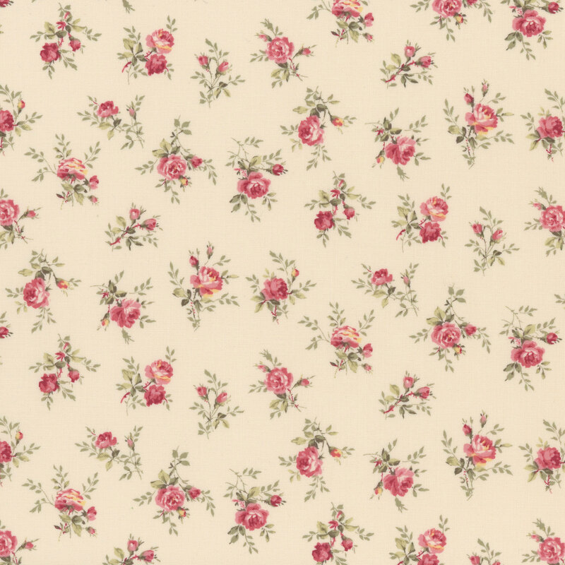 Pink roses tossed on cream fabric.
