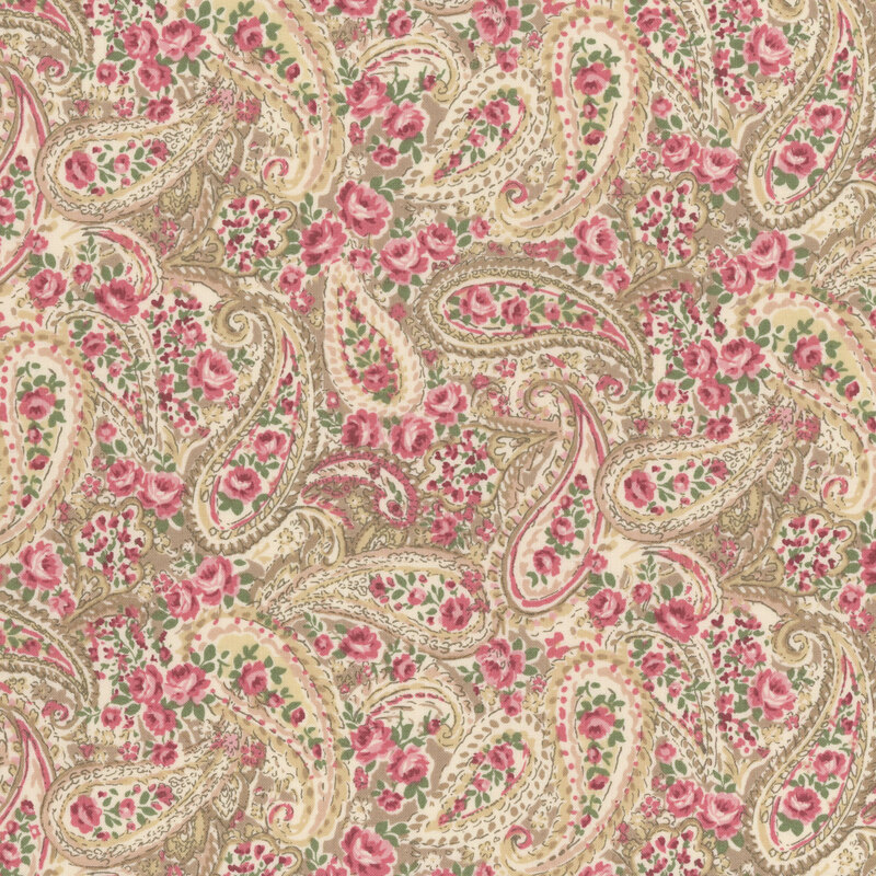 paisley pattern in tan and cream surrounded by pink roses on olive brown fabric