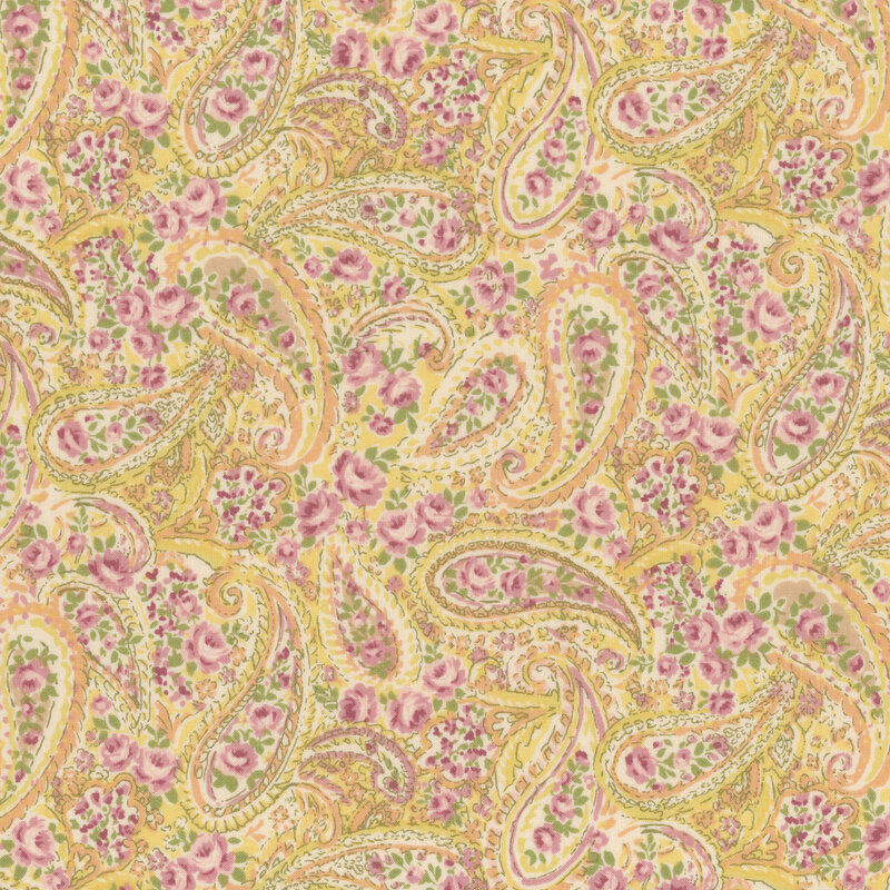 paisley pattern in dark tan and peach surrounded by pink roses on dandelion yellow fabric