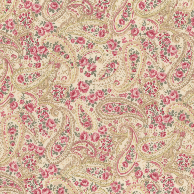 paisley pattern in dark tan and brown surrounded by pink roses on cream fabric