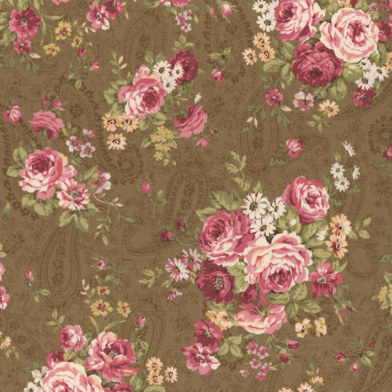 flower bouquets of red roses and white daisies on a paisley textured olive brown fabric