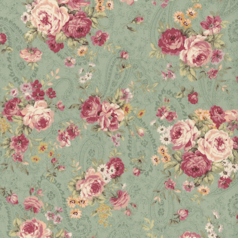 flower bouquets of red roses and white daisies on a paisley textured mint green fabric