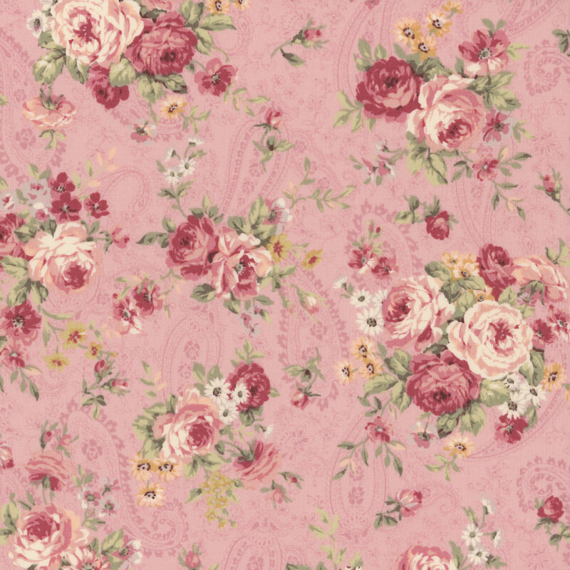 flower bouquets of red roses and white daisies on a paisley textured rose-pink fabric