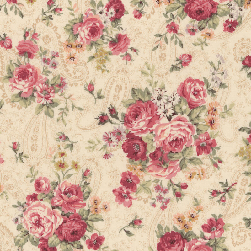 flower bouquets of red roses and white daisies on a paisley textured cream fabric