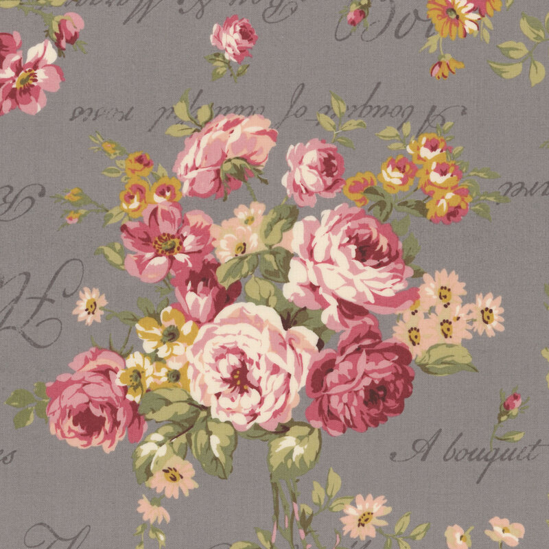 warm gray fabric featuring large bouquet of pink roses with words and flowers in the background.