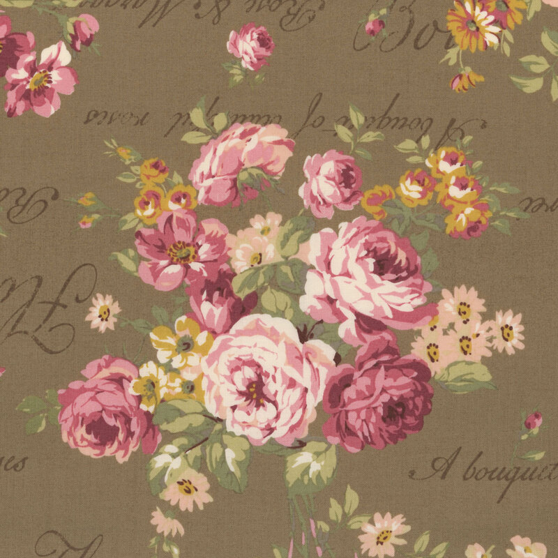 brown fabric featuring large bouquet of pink roses with words and flowers in the background.