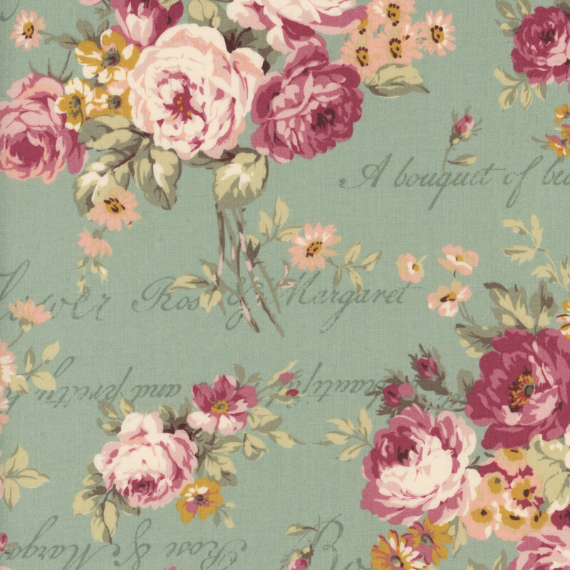 mint green fabric featuring large bouquet of pink roses with words and flowers in the background.