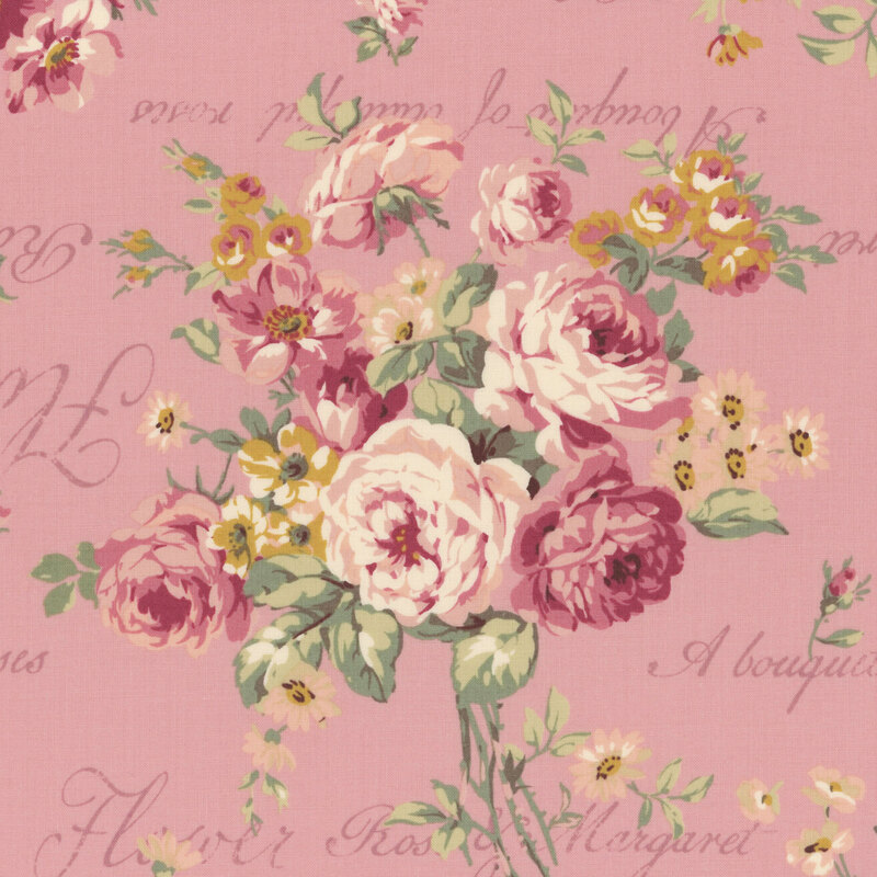 rose pink fabric featuring large bouquet of pink roses with words and flowers in the background.