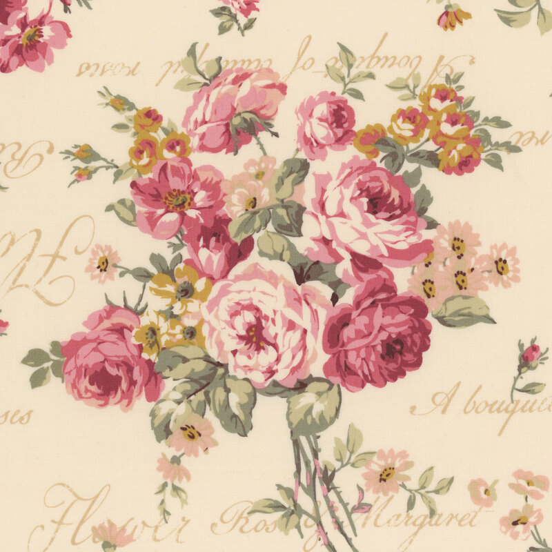 cream fabric featuring large bouquet of pink roses with words and flowers in the background.