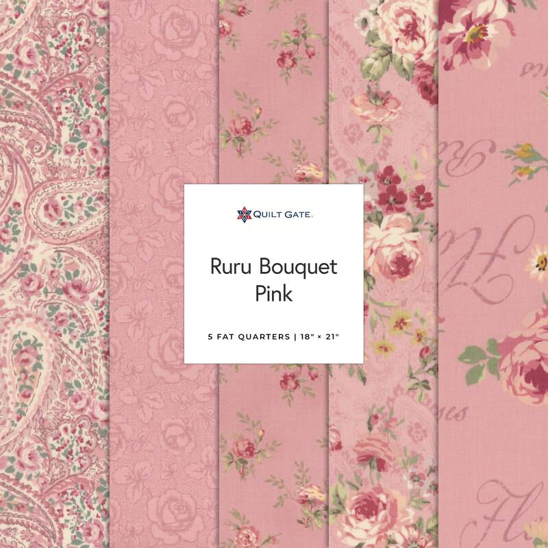 Collage of fabrics featured in the Ruru Bouquet Brown colorway featuring floral and paisley patterns on pink fabric.